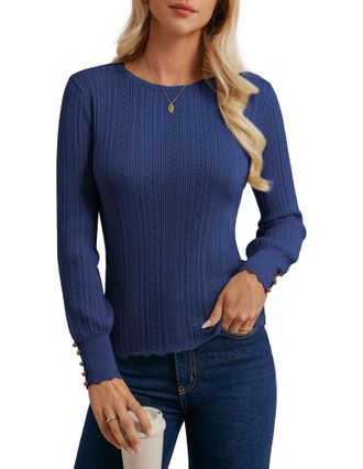 Grace Karin Crew Neck Knitted Jumpers for Women UK, Long Sleeve Winter Fall Sweaters Elegant, Christmas Halloween Jumpers Navy Blue XXL