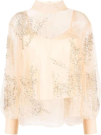 Des_Phemmes Turtleneck Blouse - Dames - Blouses - Beige - 2XS - Tule - Overhemden