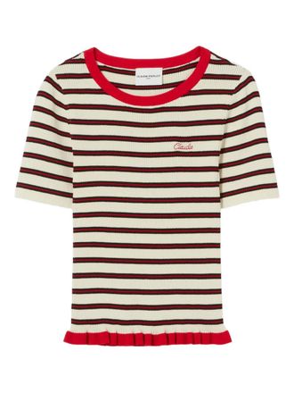 Claudie Pierlot striped embroidered-logo T-shirt - Beige