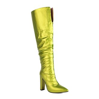 Generic Womens Pull on Slouch Long Boots Pointed Toe PU Leather Over The Knee Boots Chunky High Heel Thigh High Boot,Green,6.5 UK