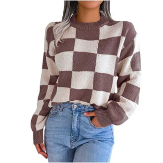 Generic Jumpers for Women UK Plaid Color Block Sweater Crew Neck Pullover Long Sleeve Autumn Winter Jumpers Ladies Cable Knit Sweaters Tops Loose Sweatshirts 
