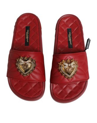 Dolce & Gabbana Womens Red Devotion Matelass&eacute; Leather Slides Shoes Lambskin