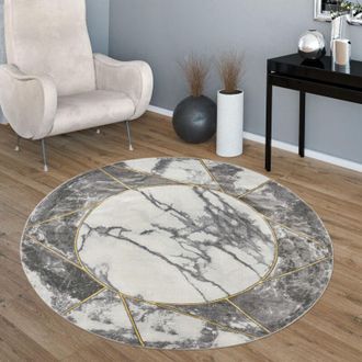 Paco Home Paco Home - Alfombras Pelo Corto Gris Dorado Suaves Salón Aspecto Mármol Diferentes Diseños ø 160 cm redon, Oro 5