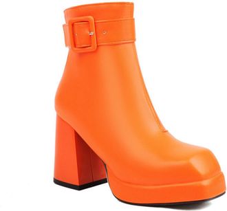 Generic Womens Buckle Strap Platform Ankle Boots Square Toe Chunky Heel Booties Fashion Style for Party,Orange,7.5 UK