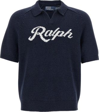 Polo Ralph Lauren Tops, Heren, Blauw, M, Katoen, Logo Intarsia Short-Sleeve Sweater