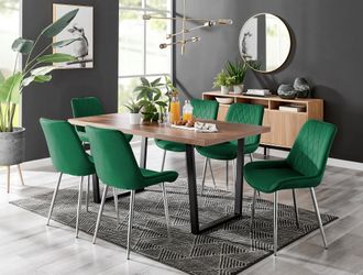 Furniturebox Kylo Large Brown Wood Effect Dining Table & 6 Pesaro Velvet Silver Leg Chairs in Green