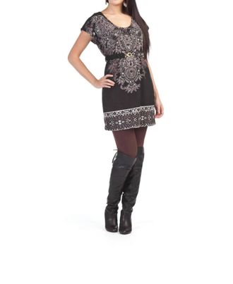 Papillon Geometric Border With Belt Sweater Dress In Black