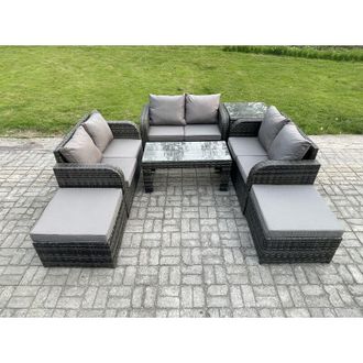 Fimous Outdoor Garden Furniture Sets 7 Pieces Wicker Rattan Furniture Sofa Sets with Rectangular Coffee Table Love seat Sofa 2 Big Footstool Side Table