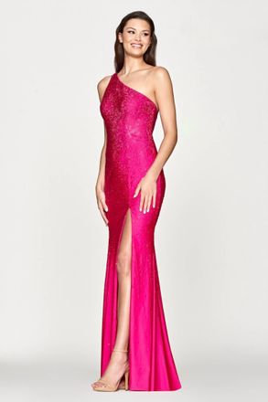 Faviana Long Hotstone One Shoulder Maxi Dress In Hot Pink