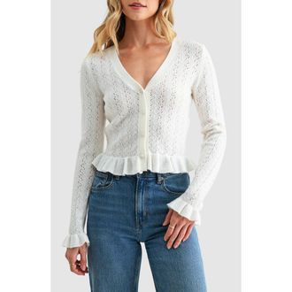 All in Favor Pointelle Ruffle Hem Crop Cardigan in Off White at Nordstrom, Size X-Large