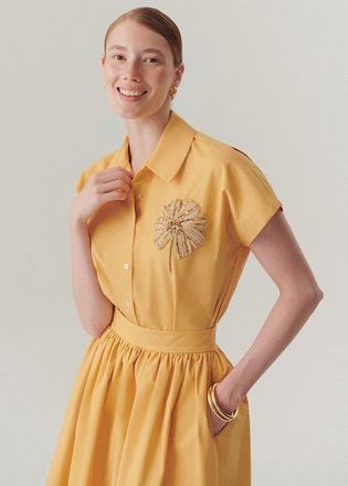 Exquise Lennon Stone Embellished Short Sleeve Cotton Shirt in Camel at Nordstrom, Size X-Large