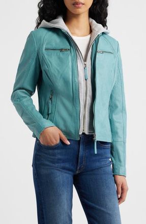 Mauritius Nola Leather Jacket with Removable Hoodie in Light Turquoise at Nordstrom, Size 11