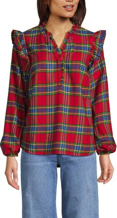 Lands End Ruffle Front Flannel Popover Blouse in Red/nautical Blue Plaid at Nordstrom, Size X-Large