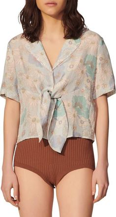 Sandro Mirabelle Tie Neck Top in Bleu at Nordstrom Rack, Size 3 (Fits Like 8 Us)