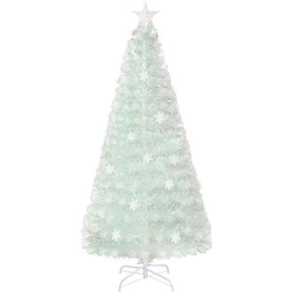 Costway 180cm &Aacute;rbol De Navidad Artificial Blanco, Hojas Iridiscentes, &Aacute;rbol De Navidad De Fibra &Oacute;ptica Preiluminado, 30 Luces Led De Copos De Nieve, Decoraci&oacute;
