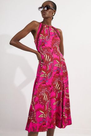 Karen Millen Womens Viscose Floral Print Linen Lace Trim Insert Woven Halter Neck Maxi Dress - Fuchsia - Size 8 UK