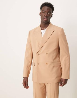 Asos Giacca da abito doppiopetto taglio comodo color cammello-Marrone
