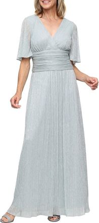 S.L. Fashions Metallic Surplice Neck A-Line Gown in Aloe at Nordstrom, Size 10