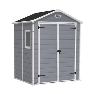 Keter Manor 6x5 - Caseta De Jard&iacute;n 185x226x152 Cm 2 Puertas Para Almacenamiento De Herramientas Acabado Efecto Madera Rayada En Resina Gris