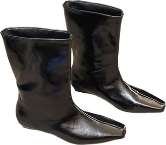 Generic GLDFW Square Toe Women Slimming Knight Boots Elegant Wedges Low Heel Short Booties Black