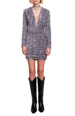Maje Sequin Plunge Long Sleeve Minidress in Silver at Nordstrom Rack, Size 3 (Fits Like 8 Us) / 40 Eu