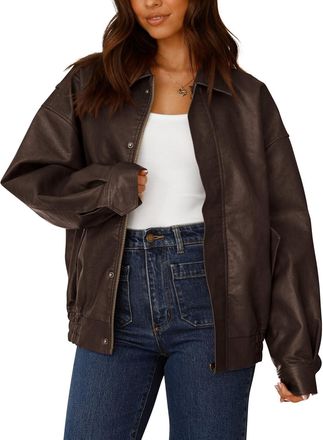 Generic Womens Faux Leather Motorcycle Jacket Trendy Fall Spring Clothes Oversized Zip Up Winter Coat Outerwear (Style2-brown,M)