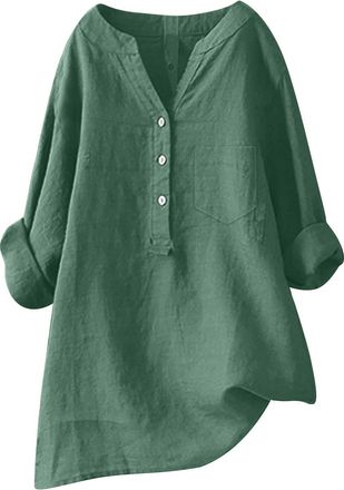 Generic Women Loose Solid Linen Shirt Long Sleeve Button Up Mandarin Collar Top Athletic Short Sleeve Shirt Women Green