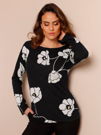 Cr&eacute;ation L Strickpullover CREATION L PREMIUM Seiden-Kaschmir-Pullover, Damen, Gr. 36, schwarz (schwarz, ecru, bedruckt), 85% Seide, 15% Kaschmir, bedruckt, gebl&uuml;