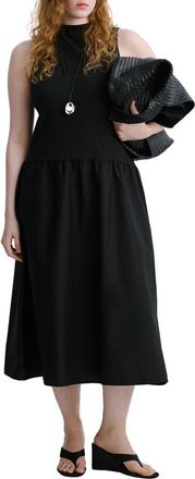 Mango Mixed Media Stretch Cotton Midi Dress in Black at Nordstrom, Size 12
