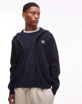 Wood Wood Double By A Wood Wood - Curt - Felpa in maglia di cotone color blu navy con cappuccio e doppia zip