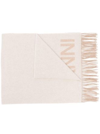 Ganni logo-print tassel-trim scarf - Neutrals