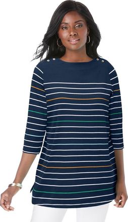 Jessica London Stretch Cotton Boatneck Tunic in Navy Mixed Stripes at Nordstrom, Size 12