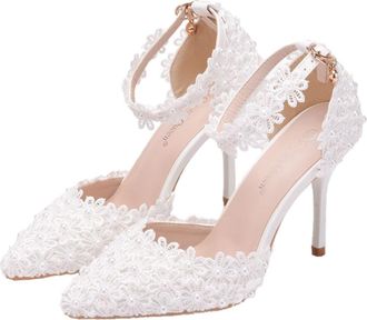 SOLUSTRE minkissy White Lace Flower Bride Shoes Pointed Toe High Heel Pumps with Ankle Strap Wedding Party Footwear for Women Size 38