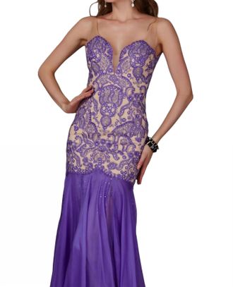 Angela & Alison Beaded Bodice Prom Dress In Violet/nude
