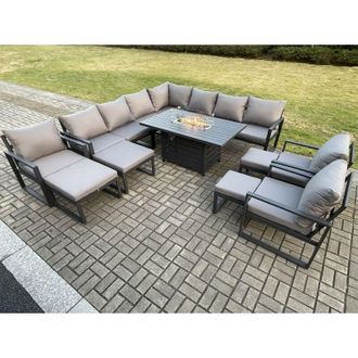 Fimous Fimous Aluminium 14 Seater Lounge Corner Sofa Outdoor Garden Furniture Sets Gas Fire Pit Dining Table Set Dark with 3 Chairs 2 Big Footstools 2 Small