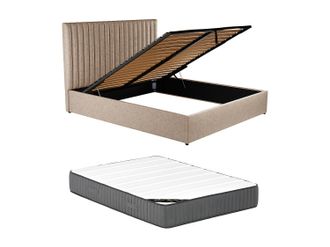 Vente-Unique Canap&eacute; abatible 180 x 200 cm con cabecero con costuras verticales - Tela - Beige + Colch&oacute;n - SARAH