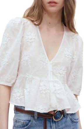 Mango Floral Embroidery Puff Sleeve Shirt in Off White at Nordstrom Rack, Size 6