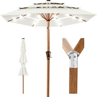 Best Choice Products Woodgrain Pattern 10ft 3-Tier Solar Patio Umbrella w/ 24 LED Lights, Tilt
