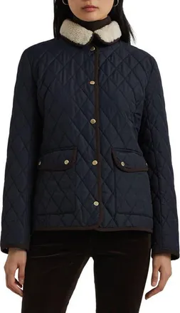 Lauren Ralph Lauren Quilted Faux Shearling Collar Jacket in Dark Navy at Nordstrom, Size X-Small