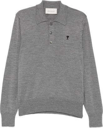 Ami Medium Grey Long-Sleeve Polo Shirt with Classic Collar