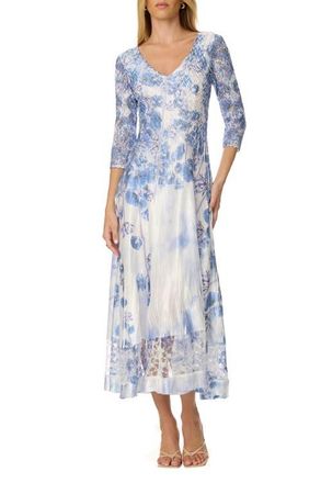 Komarov Border Print Charmuese Dress with Lace Sleeves in Indigo Vine at Nordstrom, Size Large