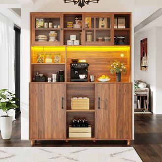 Merax Freestanding Wood Effect Tall Kitchen Pantry Cabinet with LED Light in Brown