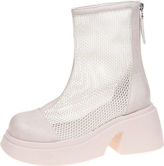 Generic Ladies Retro British Style Mid Calf Boots with Mesh Hollow Out Design Round Toe High Heel Back Zipper Ankle Boots Fashion Footwear(White, 4.5)