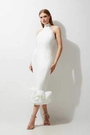 Karen Millen Womens Figure Form Bandage Ruffle Hem Halter Knit Midi Dress - White - Size X-Small