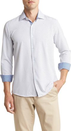 Azaro Uomo Slim Fit Geometric Print Performance Button-Up Shirt in Blue at Nordstrom Rack, Size X-Large