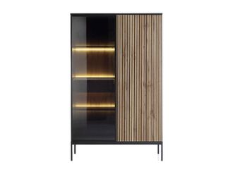 Vente-Unique Vitrina 2 puertas y 1 caj&oacute;n con luces LED en MDF y vidrio ahumado - Negro y Natural - OVILA