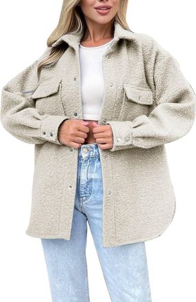 Generic Womens Fleece Shirt Jacket Oversized Button Down Long Shacket Jacket With Pockets Color Blocking Jacket Comfortable Work Daliy Outdoor Coats Holiday F