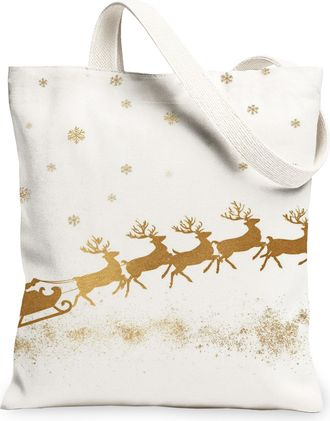 Generic Christmas Reindeer Canvas Tote Bags, Elegant Holiday Design Washable Grocery Bags, Winter Eco-Friendly Shoulder Strap, White, 13x15 Inch
