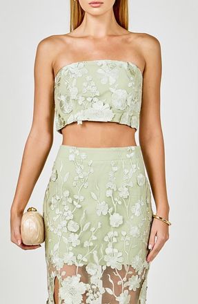 endless rose Floral Embroidered Strapless Crop Top in Sage at Nordstrom, Size X-Small