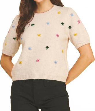 Pinch Design Floral Embroidered Short Sleeve Sweater In Ivory